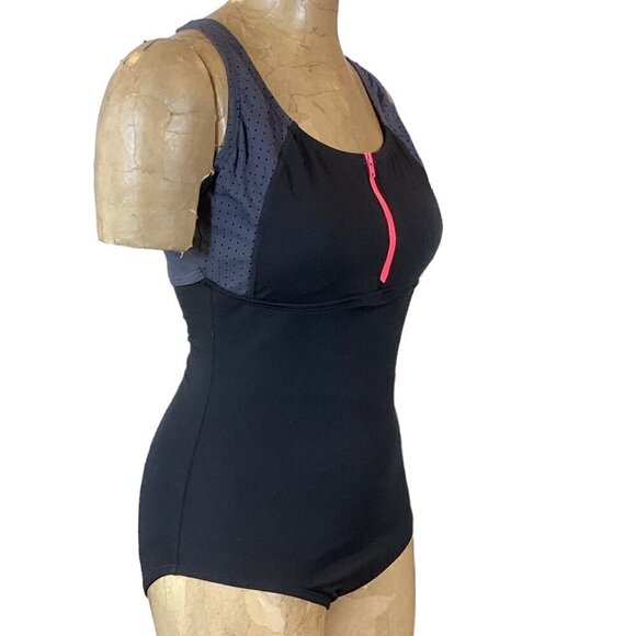 Speedo Endurance+ One Piece Swimsuit Black Zip Neck Sz 8 #293M - Picture 4 of 9
